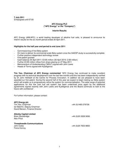 Thumbnail AFC Energy Half-year Report 2011-h1