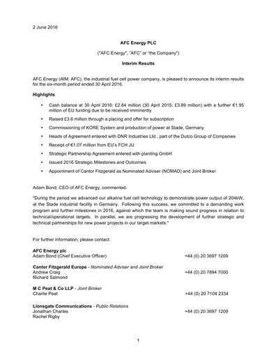 Thumbnail AFC Energy Half-year Report 2016-h1