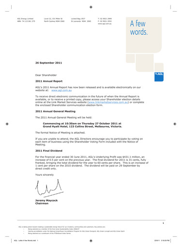 Thumbnail AGL Energy
 Annual Report 2011