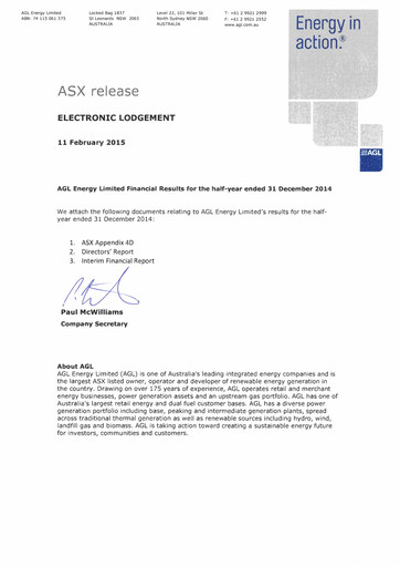 Thumbnail AGL Energy
 Half-year Report fy2015-h1