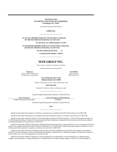 Thumbnail MYR Group Annual Report 2015