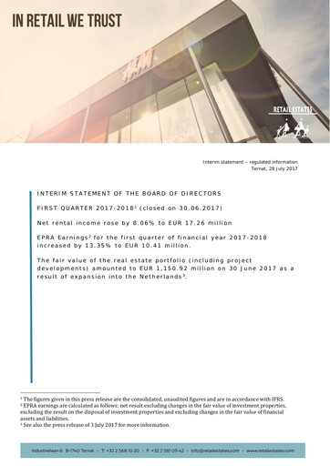 Thumbnail Retail Estates NV Quarterly Report 2017-2018-q1