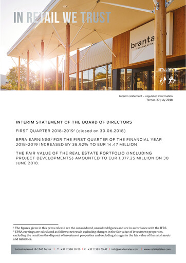 Thumbnail Retail Estates NV Quarterly Report 2018-2019-q1