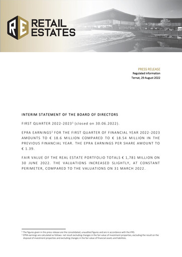 Thumbnail Retail Estates NV Quarterly Report 2022-2023-q1