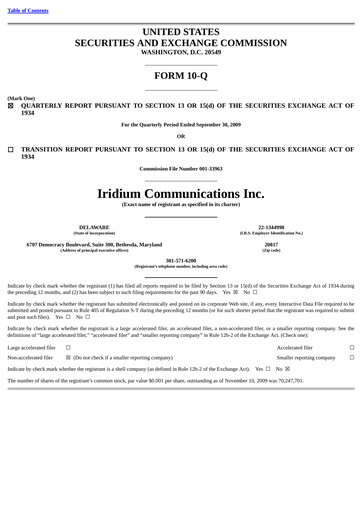 Vorschaubild Iridium Communications Quartalsbericht 2009-q3