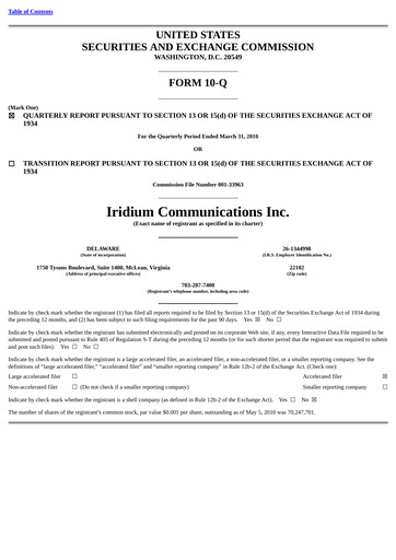 Vorschaubild Iridium Communications Quartalsbericht 2010-q1