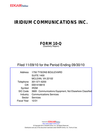 Vorschaubild Iridium Communications Quartalsbericht 2010-q3