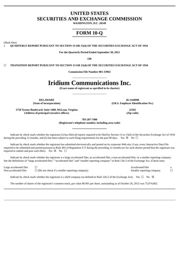 Vorschaubild Iridium Communications Quartalsbericht 2012-q3
