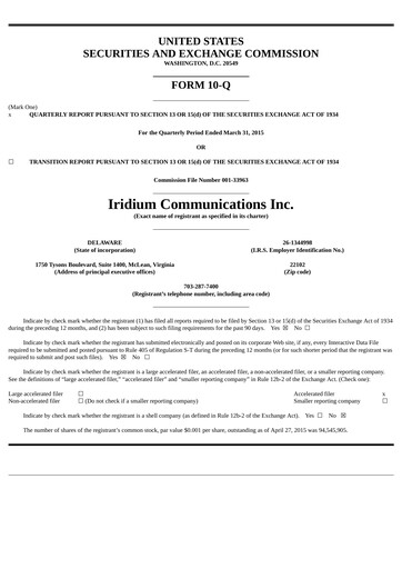Vorschaubild Iridium Communications Quartalsbericht 2015-q1