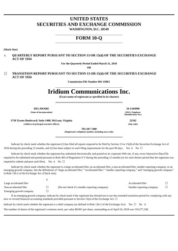 Vorschaubild Iridium Communications Quartalsbericht 2018-q1