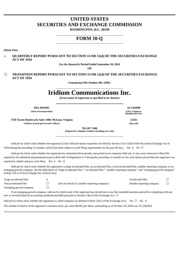 Vorschaubild Iridium Communications Quartalsbericht 2018-q3