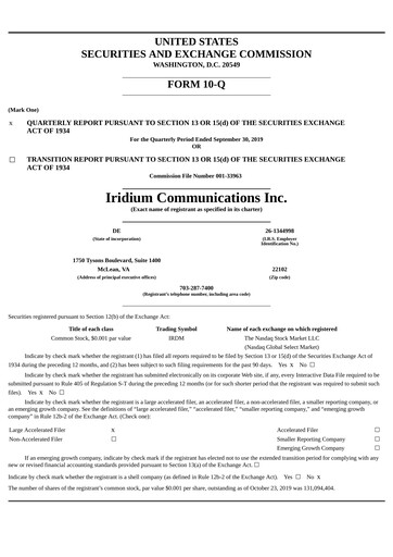 Vorschaubild Iridium Communications Quartalsbericht 2019-q3
