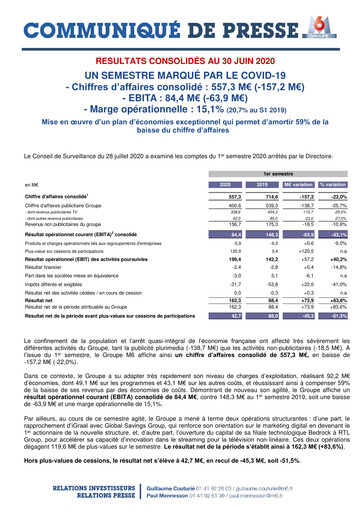 Thumbnail Métropole Télévision (Groupe M6) Half-year Report 2020-h1