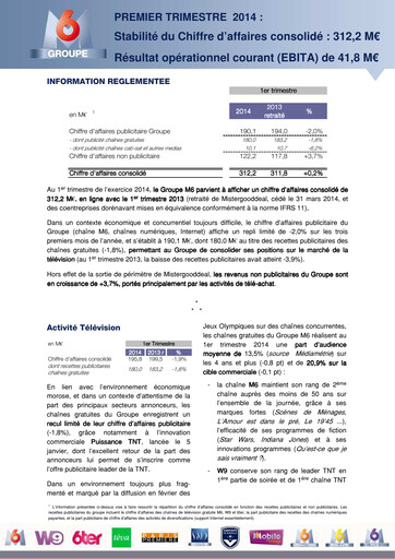 Thumbnail Métropole Télévision (Groupe M6) Quarterly Report 2014-q1