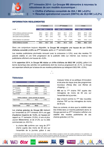 Thumbnail Métropole Télévision (Groupe M6) Quarterly Report 2014-q3
