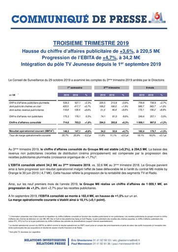Miniature Métropole Télévision (Groupe M6) Rapport trimestriel 2019-q3