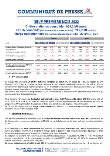 Thumbnail Métropole Télévision (Groupe M6) Quarterly Report 2022-q3