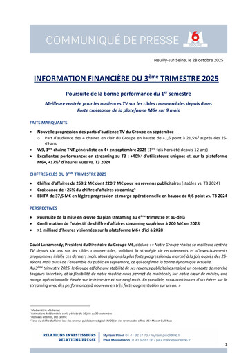 Thumbnail Métropole Télévision (Groupe M6) Quarterly Report 2025-q3
