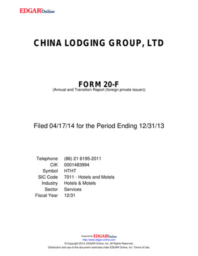 Thumbnail H World Group Limited Annual Report 2013