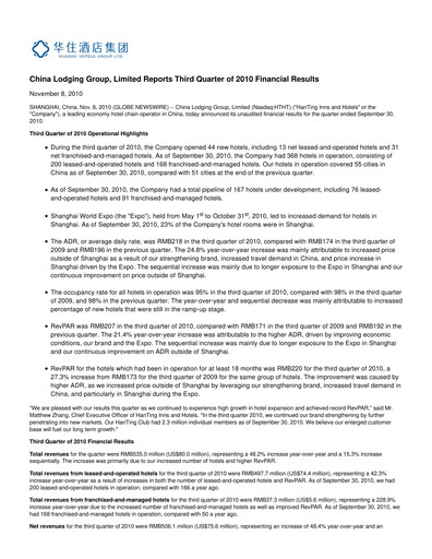 Thumbnail H World Group Limited Quarterly Report 2010-q3