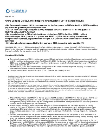 Thumbnail H World Group Limited Quarterly Report 2011-q1