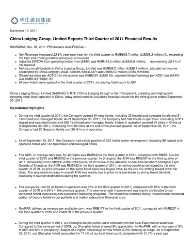Thumbnail H World Group Limited Quarterly Report 2011-q3