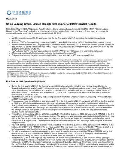 Thumbnail H World Group Limited Quarterly Report 2012-q1