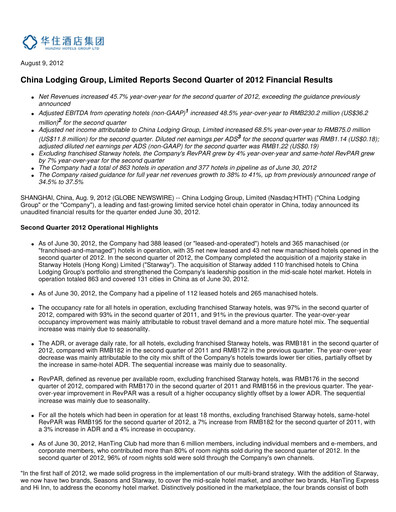Thumbnail H World Group Limited Quarterly Report 2012-q2