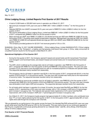 Thumbnail H World Group Limited Quarterly Report 2017-q1