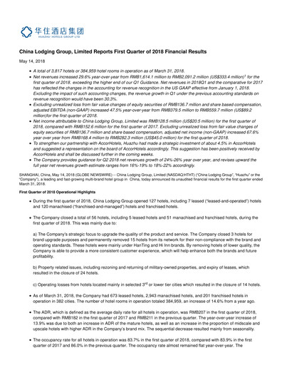 Thumbnail H World Group Limited Quarterly Report 2018-q1