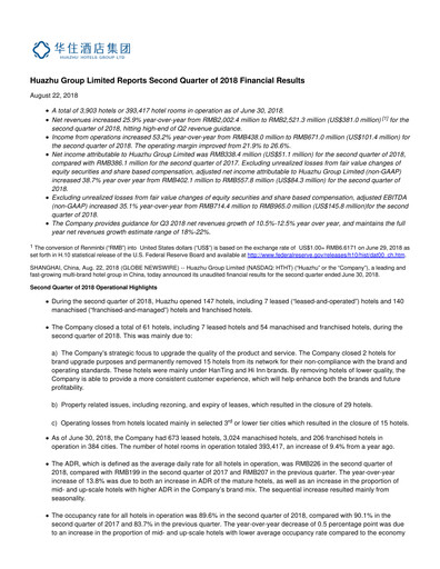 Thumbnail H World Group Limited Quarterly Report 2018-q2