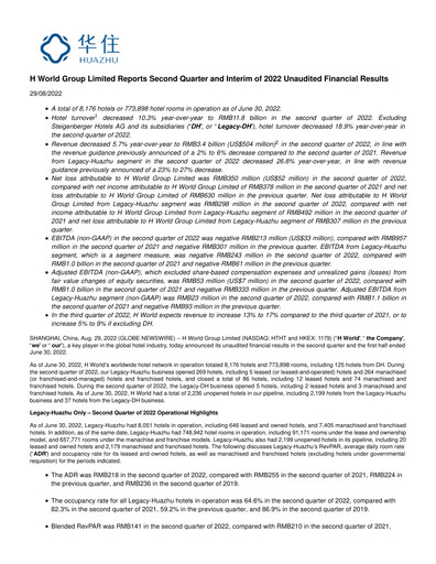 Thumbnail H World Group Limited Quarterly Report 2022-q2