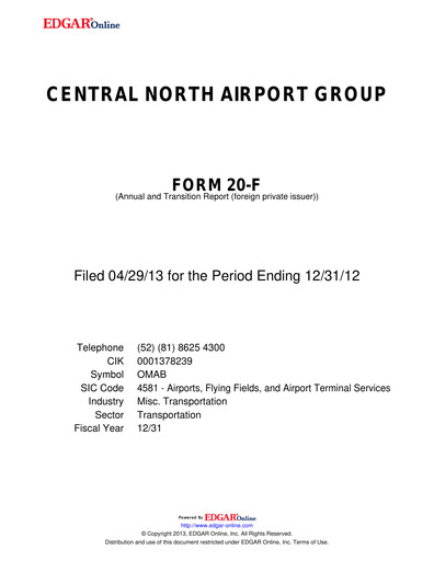 Thumbnail Grupo Aeroportuario Centro Norte
 Annual Report 2012