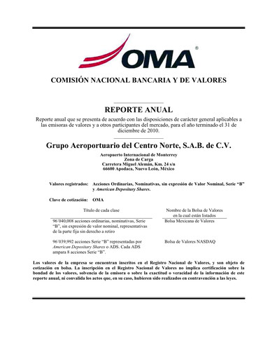 Thumbnail Grupo Aeroportuario Centro Norte
 Annual Report 2010