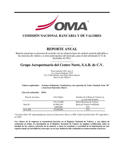 Thumbnail Grupo Aeroportuario Centro Norte
 Annual Report 2011