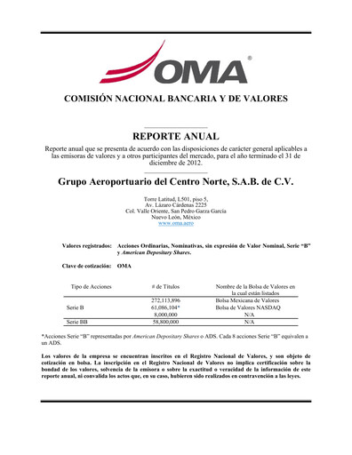 Thumbnail Grupo Aeroportuario Centro Norte
 Annual Report 2012