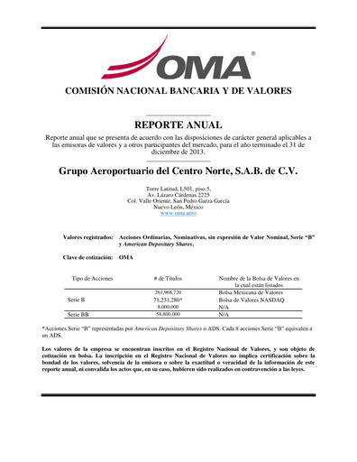 Thumbnail Grupo Aeroportuario Centro Norte
 Annual Report 2013