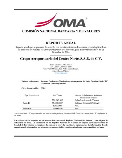 Thumbnail Grupo Aeroportuario Centro Norte
 Annual Report 2014