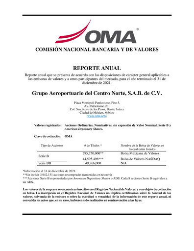 Vorschaubild Grupo Aeroportuario Centro Norte
 Jahresbericht 2021