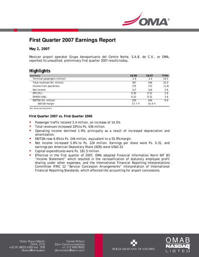 Thumbnail Grupo Aeroportuario Centro Norte
 Quarterly Report 2007-q1