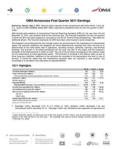 Thumbnail Grupo Aeroportuario Centro Norte
 Quarterly Report 2011-q1