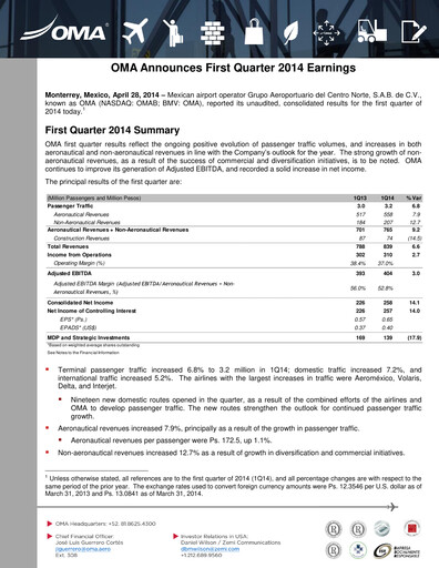Vorschaubild Grupo Aeroportuario Centro Norte
 Quartalsbericht 2014-q1