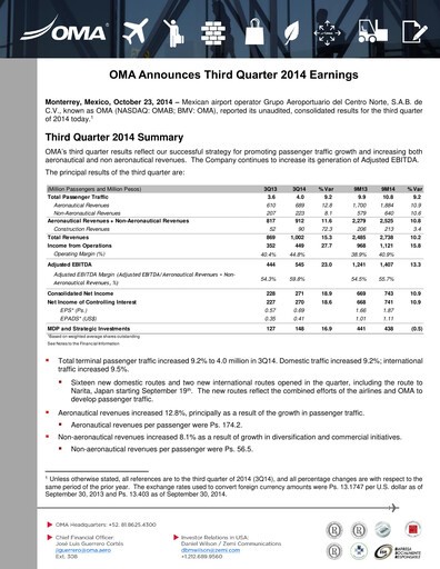 Vorschaubild Grupo Aeroportuario Centro Norte
 Quartalsbericht 2014-q3