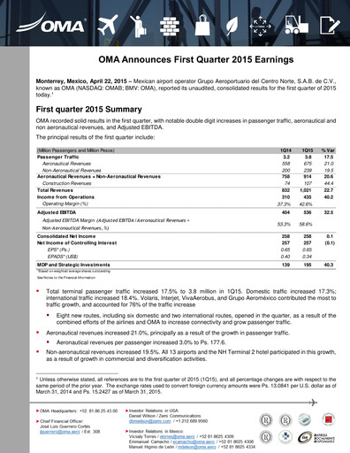 Vorschaubild Grupo Aeroportuario Centro Norte
 Quartalsbericht 2015-q1