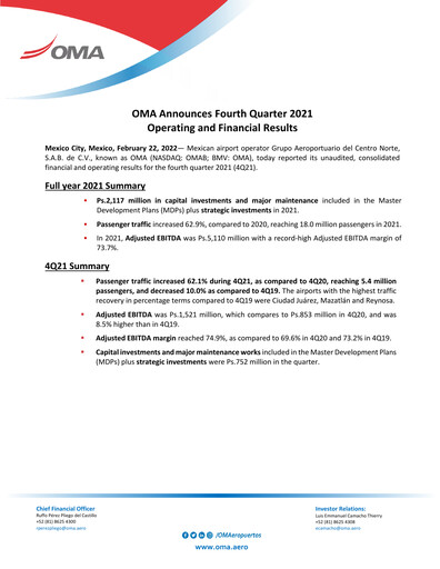 Vorschaubild Grupo Aeroportuario Centro Norte
 Quartalsbericht 2021-q4