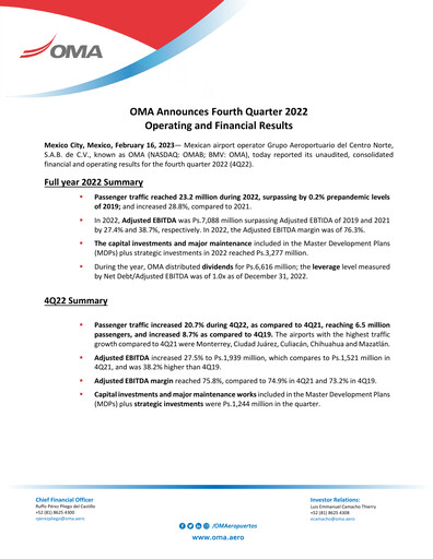 Vorschaubild Grupo Aeroportuario Centro Norte
 Quartalsbericht 2022-q4