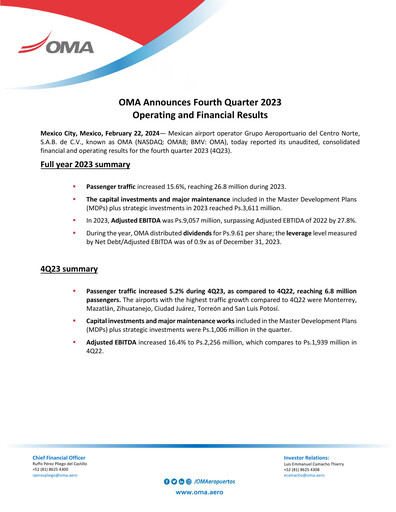 Vorschaubild Grupo Aeroportuario Centro Norte
 Quartalsbericht 2023-q4