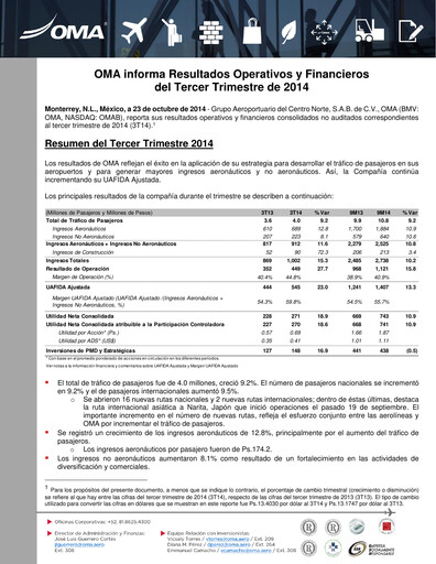 Vorschaubild Grupo Aeroportuario Centro Norte
 Quartalsbericht 2014-q3