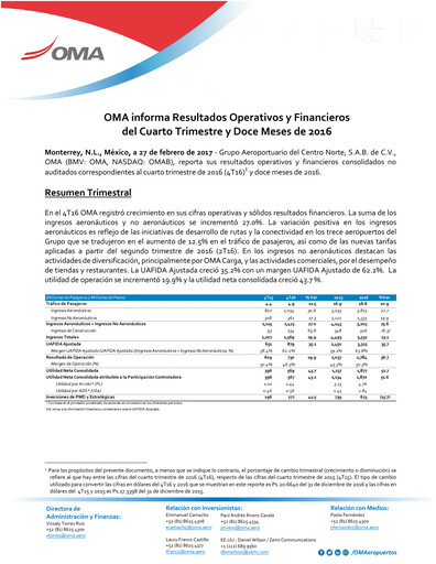 Thumbnail Grupo Aeroportuario Centro Norte
 Quarterly Report 2016-q4