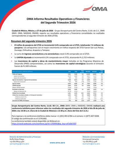 Vorschaubild Grupo Aeroportuario Centro Norte
 Quartalsbericht 2026-q2